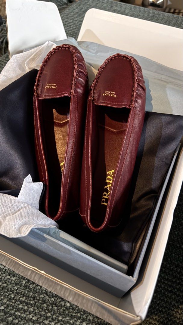 Prada Burgundy Leather Loafers Size 37 (Category: Loafers) located in Pasig City. Submitted by ysabela_t (Listing ID 1467303401, Image 2). Description: Burgundy leather loafers RFS wrong size, it was a gift from mother in law she bought it in Singapore cant verify the authenticity but leather is real leather smells good no rugby and chemical scent, feels orig and premium looks authentic in person .