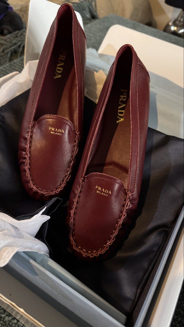 Prada Burgundy Leather Loafers Size 37 (Category: Loafers) located in Pasig City. Submitted by ysabela_t (Listing ID 1467303401, Image 1). Description: Burgundy leather loafers RFS wrong size, it was a gift from mother in law she bought it in Singapore cant verify the authenticity but leather is real leather smells good no rugby and chemical scent, feels orig and premium looks authentic in person .