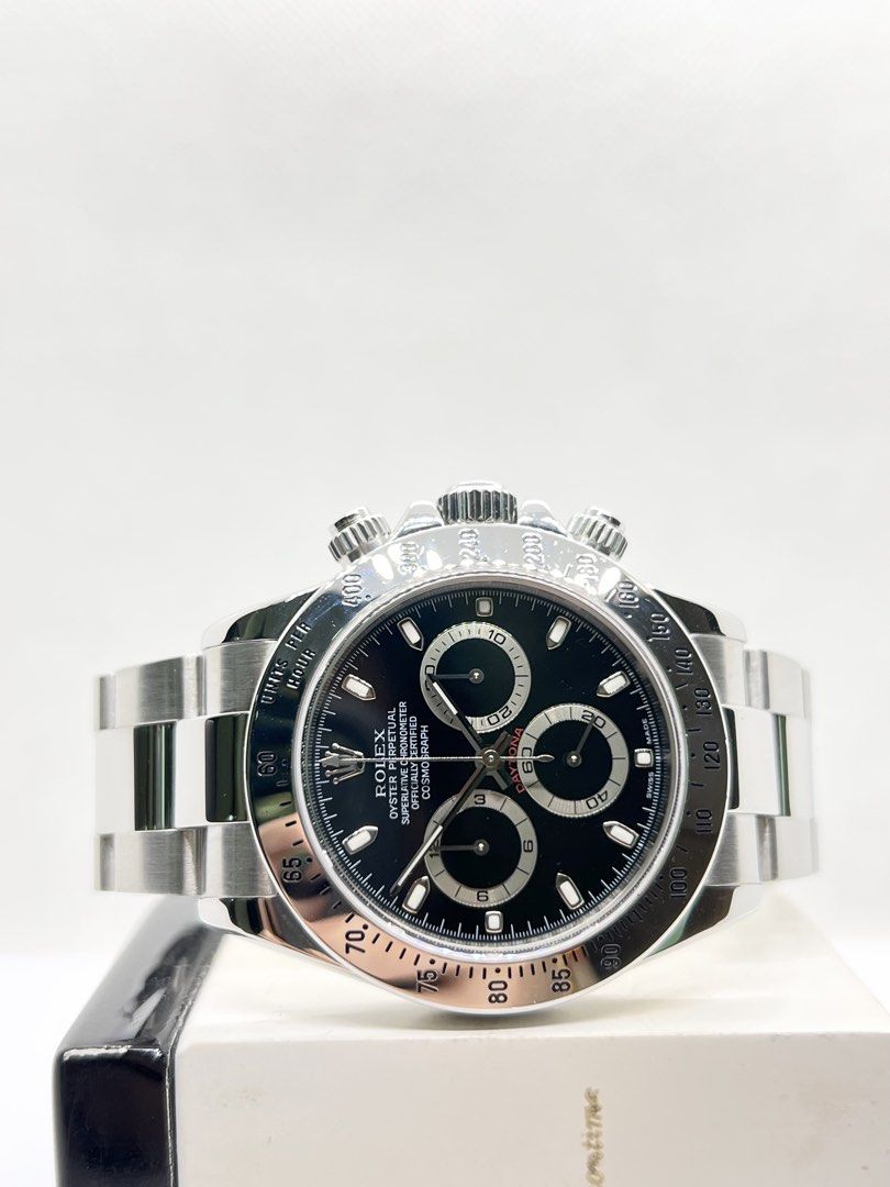 Pre Owned Rolex Oyster Daytona 116520 Black Dial Automatic Steel Casing Bracelet ( Watch Alone ) (Category: Watches) located in Singapore. Submitted by brightime (Listing ID 1467209474, Image 1). Description: Pre Owned Rolex Oyster Daytona 116520 Black Dial Automatic Steel Casing Bracelet ( Watch Alone ) ** Pre-Owned ** ** Mint Condition ** Model : 116520 Also known as : Oyster Daytona Chronograph Case size : 40mm Dial : Black Dial With Luminous 