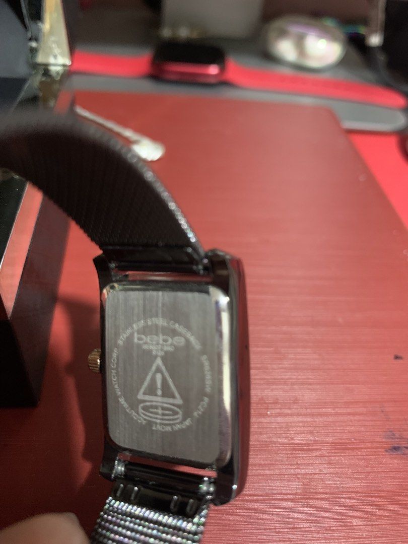 Preloved Bebe watch for women (Category: Women's Watches) located in General Trias. Submitted by vpshoppe (Listing ID 1467341392, Image 2). Description: Preloved Bebe watch for women mesh metal strap with elegant rhinestones medium faced black used once .