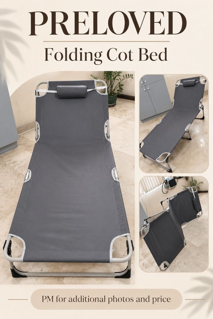 Preloved Folding Cot Bed Grey Lounge Bed (Category: Cots & Cribs) located in Binan City. Submitted by croti_by_juliechi (Listing ID 1467265990, Image 1). Description: - Color: Dark Grey - Includes matching head pillow - Sturdy metal frame folds compactly for easy storage and transport - Quick and easy setup in seconds - Ideal for extra guests, camping, or lounging - Clean fabric surface.