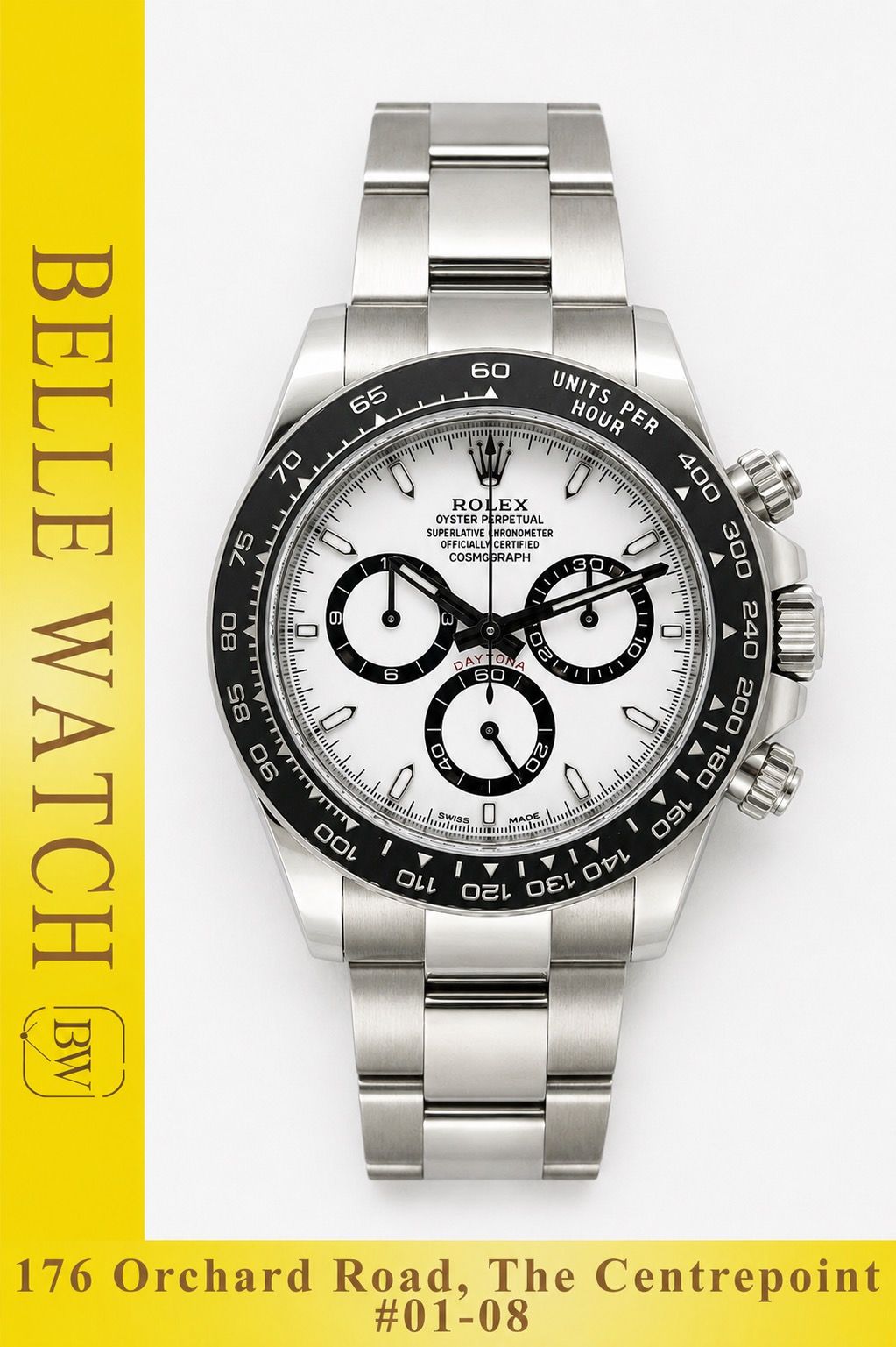 Preowned 2024 Rolex 126500LN Daytona Cosmograph White Dial Stainless Steel Oyster Bracelet ""Panda"" (Category: Watches) located in Singapore. Submitted by bellewatchsg (Listing ID 1467197830, Image 1). Description: Preowned 2024 Rolex 126500LN Daytona Cosmograph White Dial Stainless Steel Oyster Bracelet ""Panda"" * Shop Based * *Mint Condition, Like New* Case Size: 40MM Dated: June 2024 (Factory Agent Warranty until June 2029) Dial: White Brace