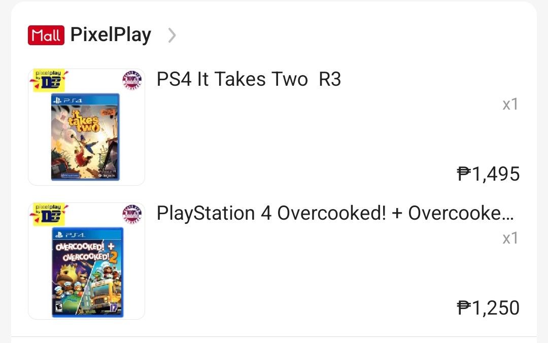 PS4 It Takes Two R3 & Overcooked! + Overcooked! 2 (Category: PlayStation) located in Quezon City. Submitted by merchantjosh (Listing ID 1467301124, Image 1). Description: - Bundle includes: It Takes Two (Region 3) and Overcooked! + Overcooked! 2 Double Pack - Physical discs with original cases included - Ultimate couch co-op games for friends and family - Ready to play immediately - Meetup or shipping options available - Just bought this Sept. 12