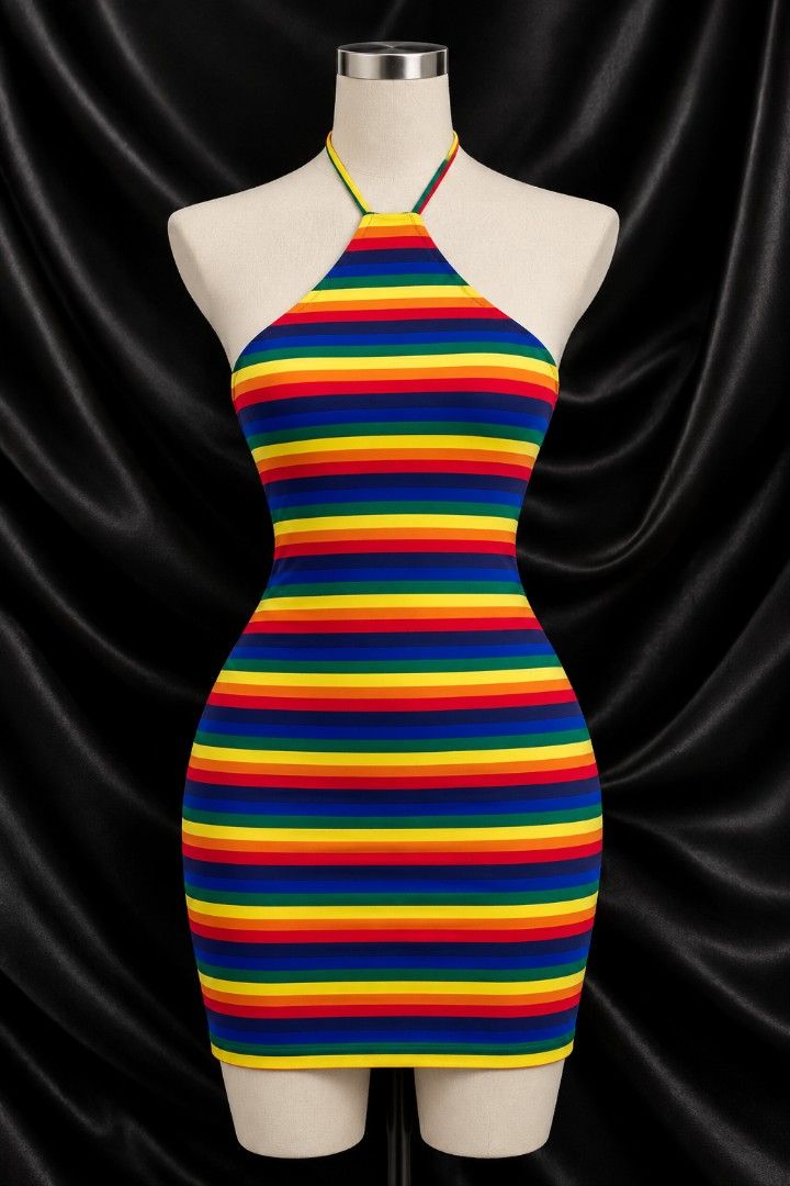 Rainbow Striped Halter Bodycon Mini Dress (Category: Dresses) located in Bulacan. Submitted by heathersdream.c0 (Listing ID 1467320226, Image 1). Description: XS-S - Vibrant rainbow striped mini dress in bold primary colors - Halter neck style with adjustable thin straps - Super stretchy bodycon fit that hugs your curves - Short length hitting around mid-thigh - Perfect for parties, music festivals, and summer nights out.