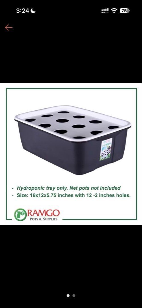 Ramgo Hydroponic Pot Tray with Nutrients and Grow Lights (Category: Pots & Planters) located in Mandaluyong City. Submitted by libadiam_505 (Listing ID 1467240845, Image 2). Description: - Complete indoor hydroponic growing kit - ready to use! - 2 Ramgo 16x12x5.75 inch black tray with 12 holes and net pots included - Complete NH nutrients set: Lettuce formula and iron chelate bottles - Two types of LED grow lights: 100W floodlight style lamp and 