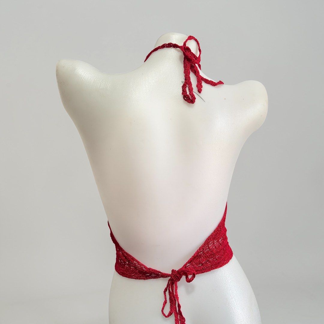 Red Crochet Halter Crop Top (Category: Sleeveless) located in Santa Cruz. Submitted by homedecluttersale (Listing ID 1467355596, Image 2). Description: • Bought in Japan 🇯🇵 • Used once • Free size • In excellent condition • Photos taken using mannequin only 🚚 Shipping via J&T only 📦 Shipping fee to be shouldered by buyer 💳 Mode of payment: GCash 📍 Santa Cruz, Laguna.