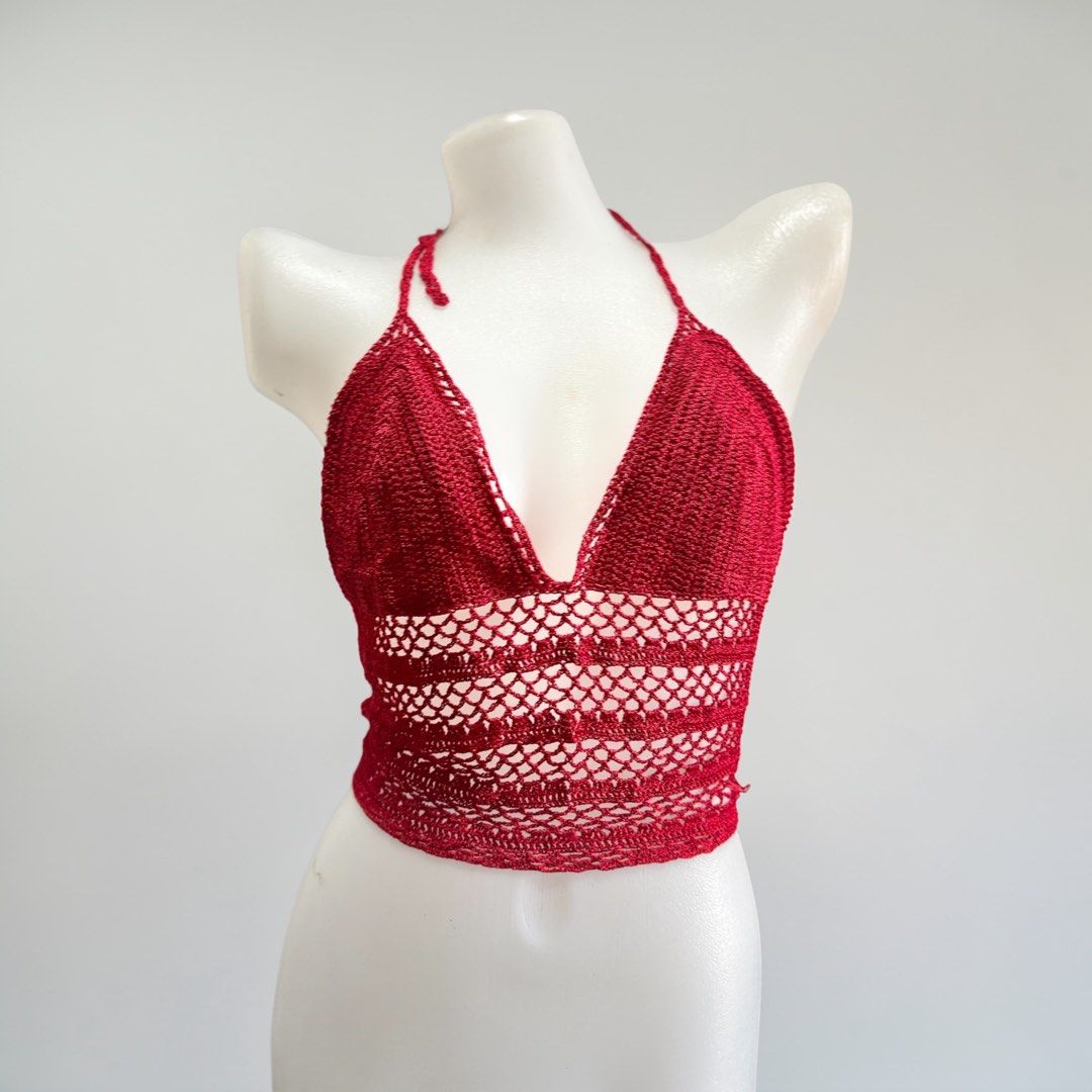 Red Crochet Halter Crop Top (Category: Sleeveless) located in Santa Cruz. Submitted by homedecluttersale (Listing ID 1467355596, Image 1). Description: • Bought in Japan 🇯🇵 • Used once • Free size • In excellent condition • Photos taken using mannequin only 🚚 Shipping via J&T only 📦 Shipping fee to be shouldered by buyer 💳 Mode of payment: GCash 📍 Santa Cruz, Laguna.