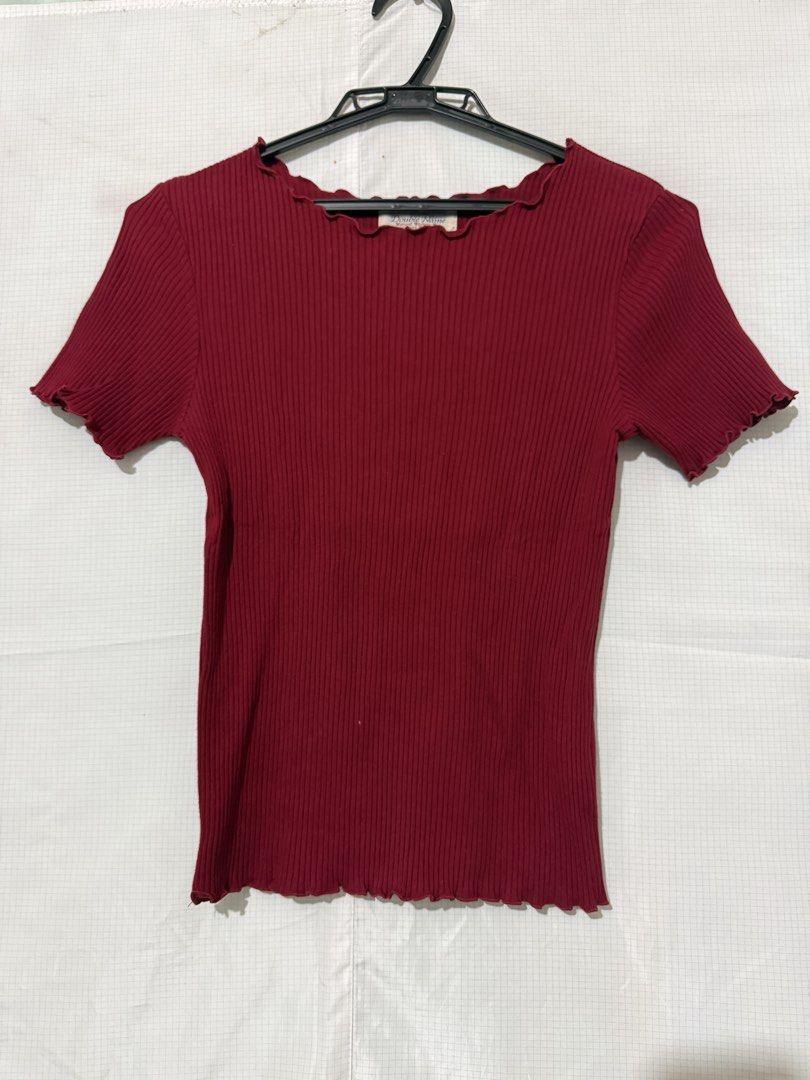 red ribbed short sleeve top (Category: Shirts) located in Quezon City. Submitted by riexomt (Listing ID 1467271955, Image 1). Description: - double name - bought in japan - deep red / maroon short sleeve ribbed knit top with lettuce hem - soft and stretchy fabric for everyday - high quality fabric - perfect with denim!.