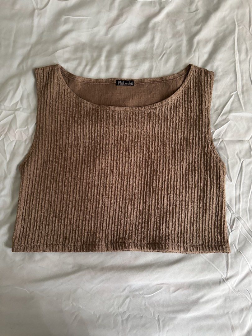 Relache Brown Crinkled Sleeveless Crop Top (Category: Sleeveless) located in Manila. Submitted by silverbird.27280a (Listing ID 1467190785, Image 1). Description: Fits S-M.