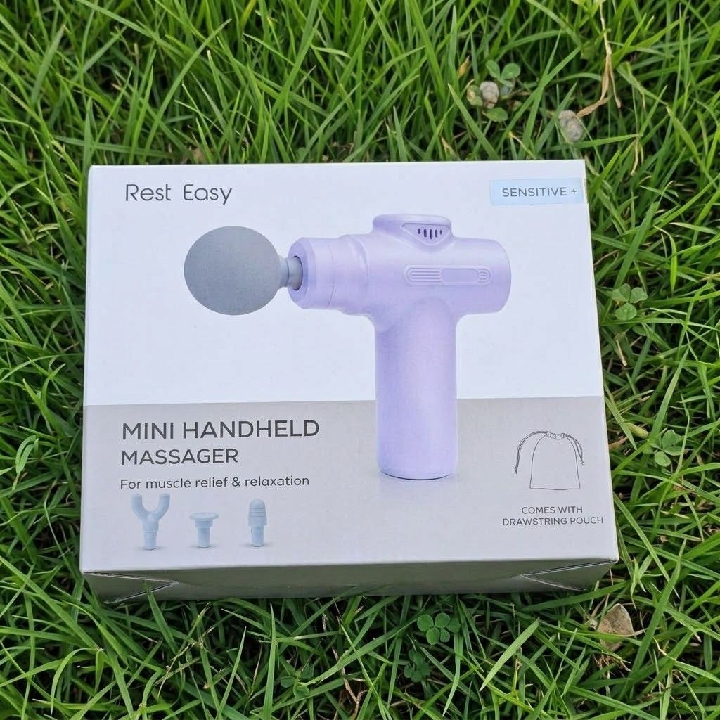 Rest Easy Mini Handheld Massager Muscle Relief (Category: Massage Devices) located in Quezon City. Submitted by reply_1982 (Listing ID 1467216478, Image 1). Description: - Brand/Model: Rest Easy Compact Muscle Relief Massager - Edition: Sensitive Edition in a stylish Light Purple - Design: Portable and lightweight for muscle relaxation anywhere - Inclusions: Multiple attachment heads and USB charging cable - Packaging: Comes complete in its mould