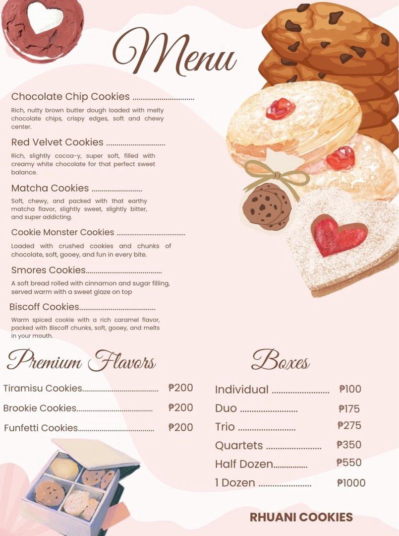 Rhuani Cookies (Category: Homemade Bakes) located in Manila. Submitted by thekingjun49778 (Listing ID 1467339066, Image 1). Description: Freshly baked Rhuani Cookies available in multiple flavors including Chocolate Chip, Red Velvet, Matcha, Cookie Monster, Smores, and Biscoff. Premium flavors (unavailable) Tiramisu, Brookie, and Funfetti. Order by individual, duo, trio, quartet, half dozen, or dozen box sizes. Ordering hours 8:00 AM to 2:00 PM v
