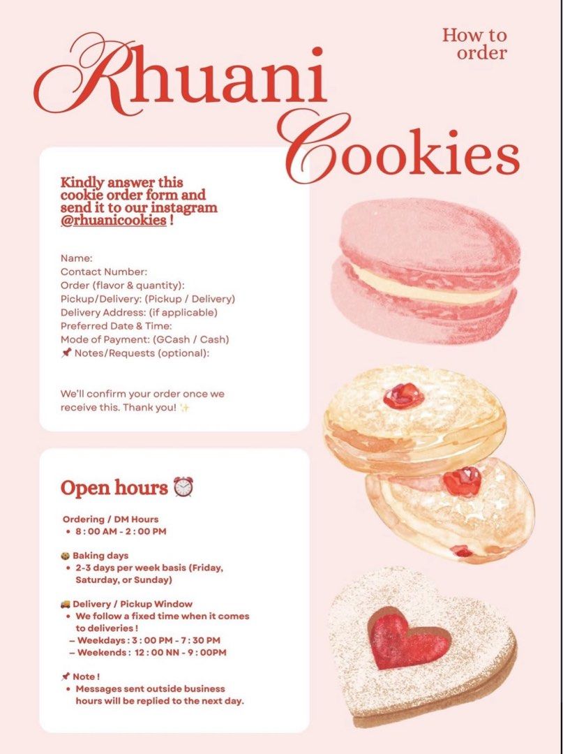 Rhuani Cookies (Category: Homemade Bakes) located in Manila. Submitted by thekingjun49778 (Listing ID 1467339066, Image 2). Description: Freshly baked Rhuani Cookies available in multiple flavors including Chocolate Chip, Red Velvet, Matcha, Cookie Monster, Smores, and Biscoff. Premium flavors (unavailable) Tiramisu, Brookie, and Funfetti. Order by individual, duo, trio, quartet, half dozen, or dozen box sizes. Ordering hours 8:00 AM to 2:00 PM v