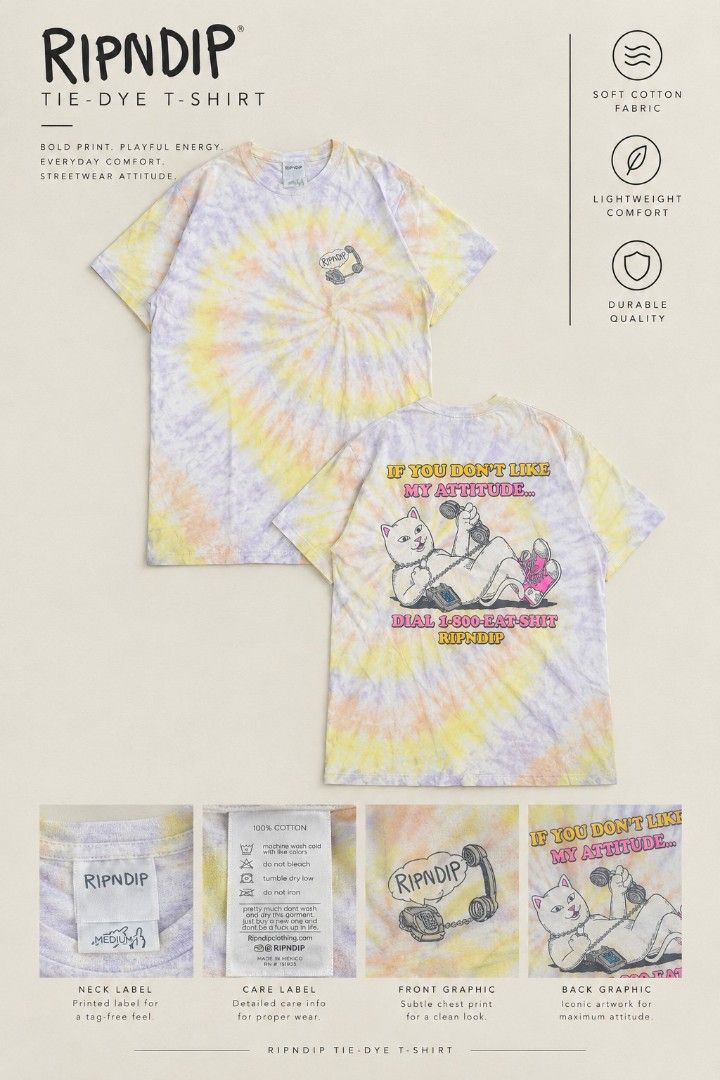 RIPNDIP Tie-Dye T-Shirt (Category: Tshirts & Polo Shirts ) located in Davao. Submitted by thr1fty_cent (Listing ID 1467344988, Image 1). Description: Brand: RIPNDIP Style: Tie-dye t-shirt (Yellow, Purple, White) Size: Medium - Material: 100% soft, lightweight cotton (Made in Mexico) - Design: Small telephone graphic on chest, iconic large Lord Nermal cat back graphic with '1-800-eat-shit' text - Fit: Standard crew neck and short sleeves MOP: GCas