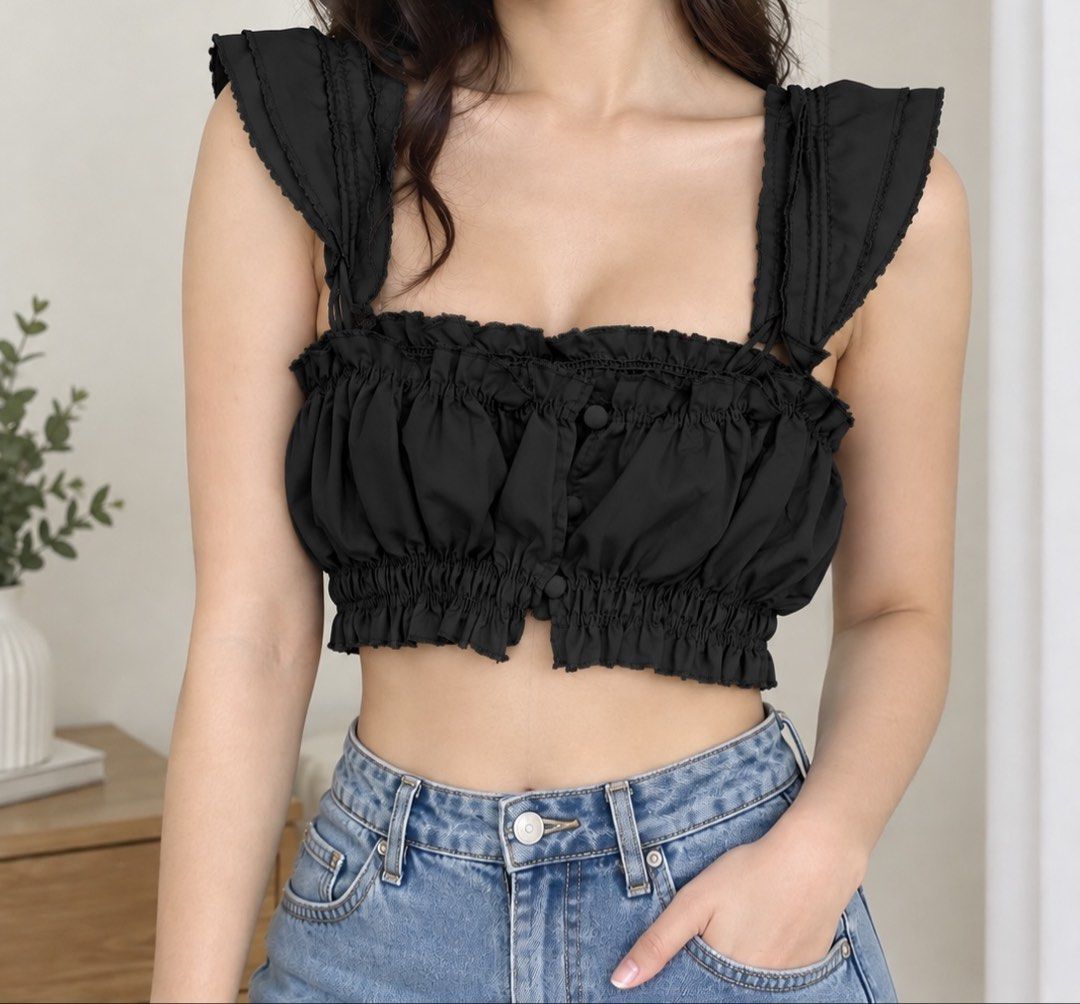 Ruffle Strap Smocked Crop Top (Category: Sleeveless) located in Quezon City. Submitted by littleparties (Listing ID 1467191818, Image 1). Description: - crop top - Ruffled design - Button details - Wide straps - Gathered bodice - Size: M/L (black and white) - Size: XS/S (baby blue) - New with tag.