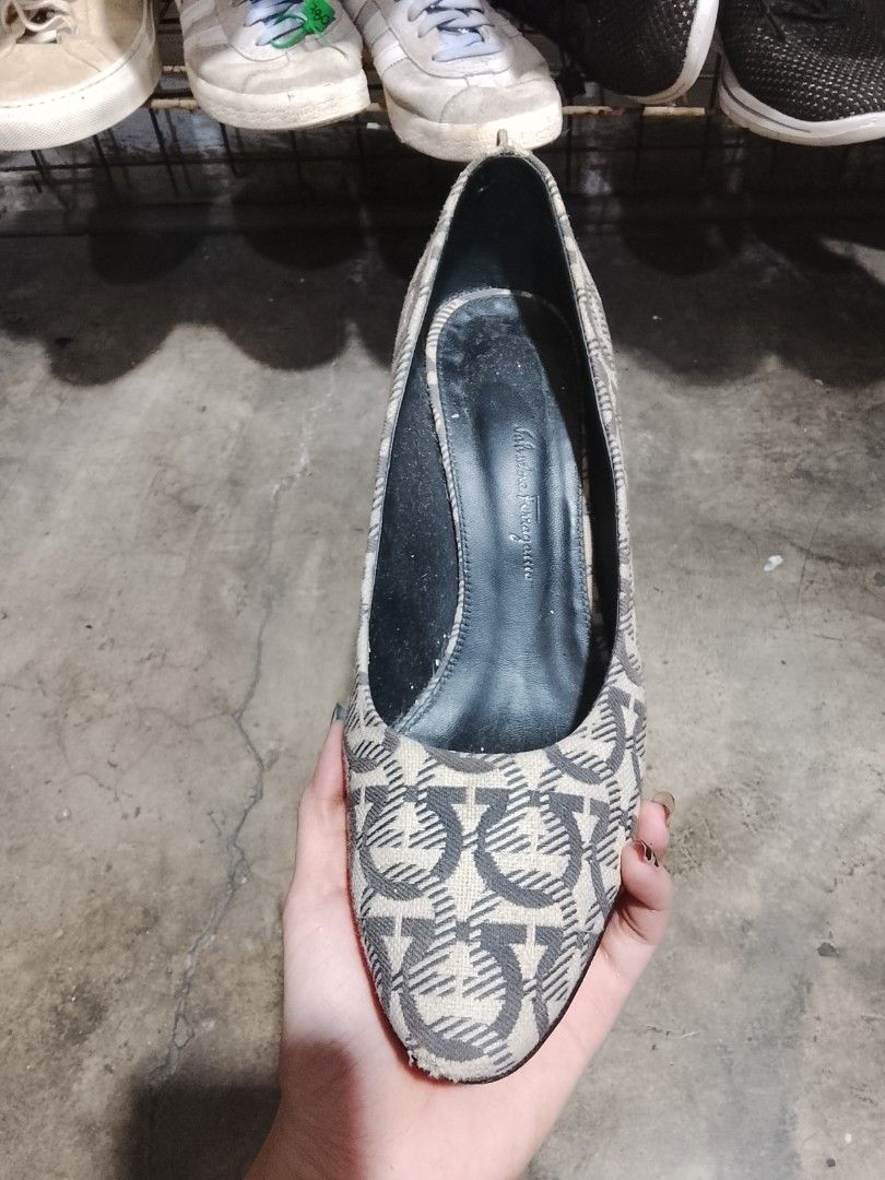 Salvatore Ferragamo Monogram Canvas Heels (Category: Heels) located in Tiaong. Submitted by cdoswan (Listing ID 1467295818, Image 2). Description: !!HEARING OFFERS!! SIZE 9 - Brand: Salvatore Ferragamo - Style: Classic stiletto pump with pointed toe - Material: Beige and black monogram canvas with black leather inner lining - Details: Branded insole, high heel design - Flaws: Heel wrap shows heavy wear and damage on the fabric - Perfect for budge