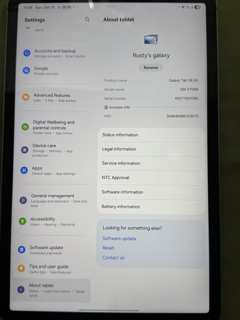 Samsung Galaxy Tab S8 5G Tablet (Category: Android) located in Meycauayan. Submitted by russ_007 (Listing ID 1467188191, Image 1). Description: - Brand: Samsung Galaxy Tab S8 5G Tablet (Model: SM-X706B) - Condition: Excellent, well-maintained, and smooth running - Features: 5G connectivity, crisp display, great for gaming and productivity - Included: Original S Pen magnetically attached at the back - Meetup Location: Sampaloc, Manila.
