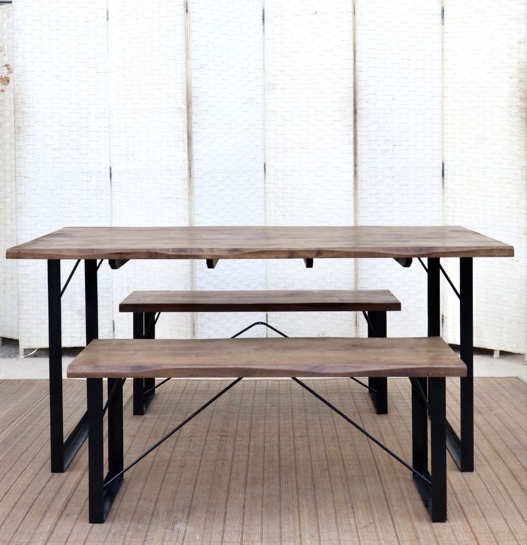 Sanka Japan Reno Dining Table with Two Benches (Category: Tables & Sets) located in Bulacan. Submitted by FurnitureGallery (Listing ID 1467310481, Image 1). Description: - Style: Industrial dining set (1 table + 2 matching benches) - Materials: Solid wood top with natural grain/oil finish and sturdy black iron legs - Features: Metal framing with diagonal support bars for extra stability JAPAN SURPLUS FURNITURE "Sankan Japan" HEAVY SOLID WOOD SLAB