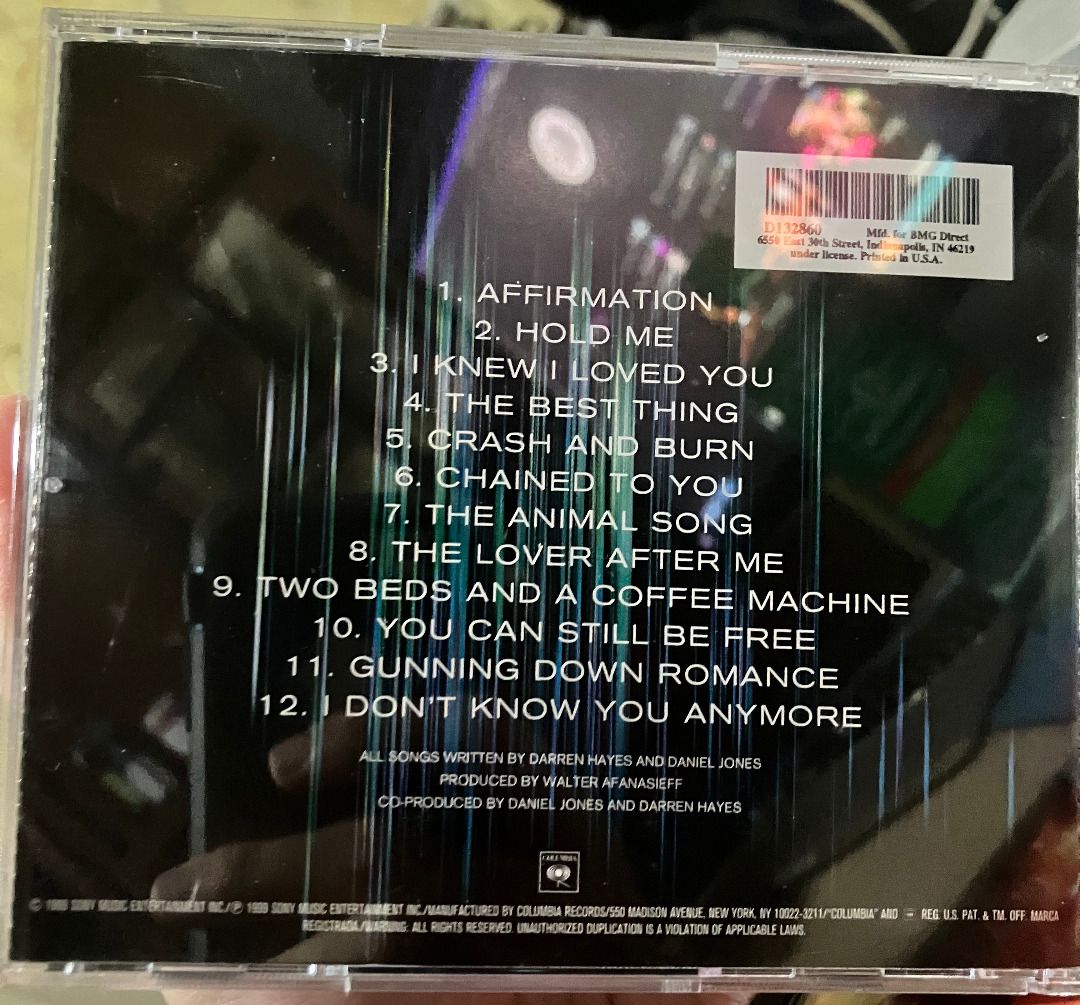Savage Garden Affirmation CD Album (Category: CDs & DVDs) located in Makati City. Submitted by zek2zoe (Listing ID 1467288100, Image 2). Description: Selling from my personal/family collection. - CD/case in very good and working condition - Original, Pressed in the USA, year 1999 Reason for selling: - Declutter and make room for storage - Artist & Album: Savage Garden - Affirmation - Release Year: 1999 (Columbia Records) - Tracklist: 12 tracks fe