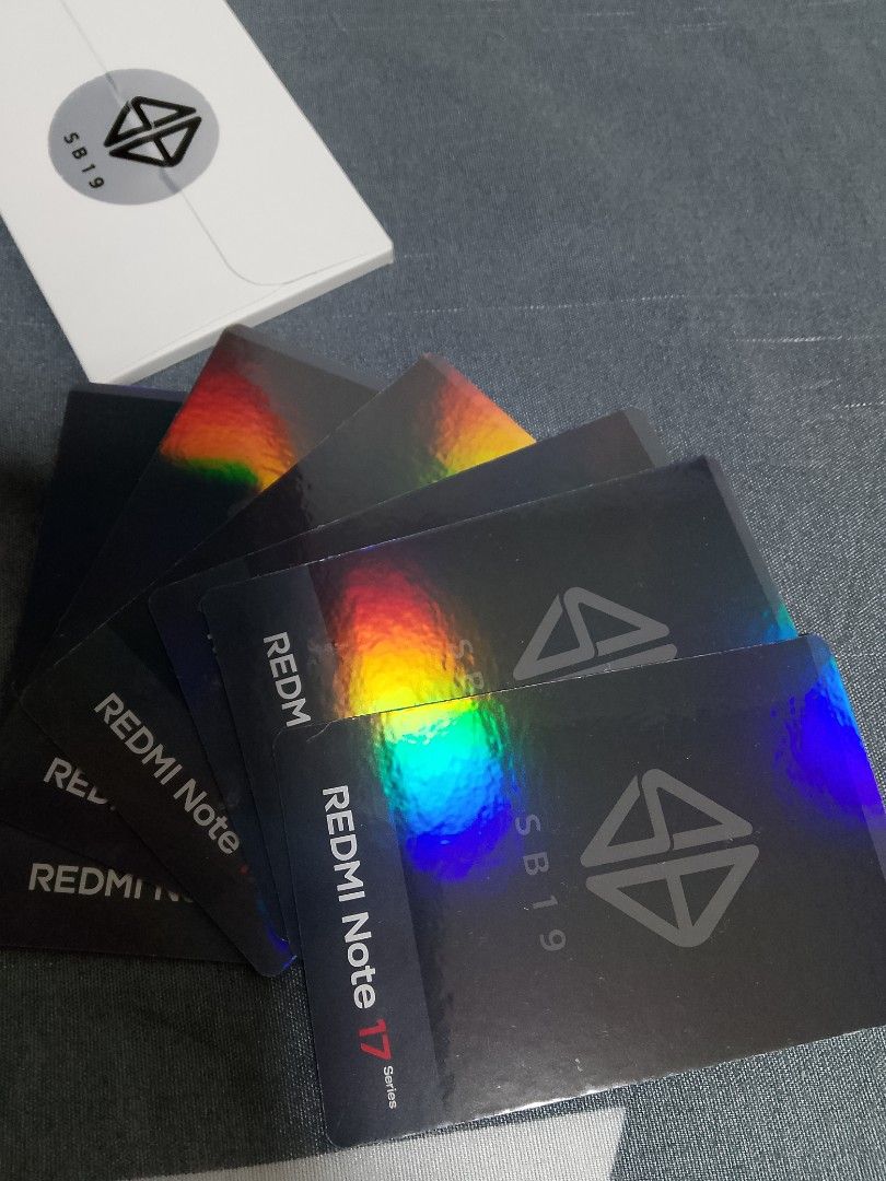 SB19- SET REDMI NOTE 17 HOLO (Category: Other Merchandise) located in Tagum. Submitted by ms.jopz (Listing ID 1467294779, Image 2). Description: Set of SB19 holographic photocards from the Redmi Note 17 collaboration with printed signatures at the front. -OT5, Pablo, Josh, Stell, Ken Justin sold as set.