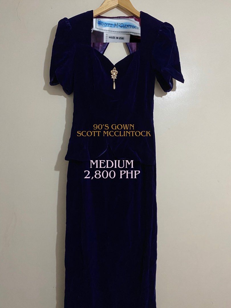 Scott McClintock Vintage 90s Gown (Category: Evening dresses & gowns) located in General Trias. Submitted by hiraethcullen (Listing ID 1467280979, Image 1). Description: Size: Medium Color: Deep Royal Purple Key Design Features: Sweetheart neckline, a cutout/open-back detail, puff sleeves, a peplum-style waist accent, and a center brooch ornament with a pearl-drop detail. - Natabi lang sa storage 📍General Trias, Cavite Direct JNT or Lalamove.