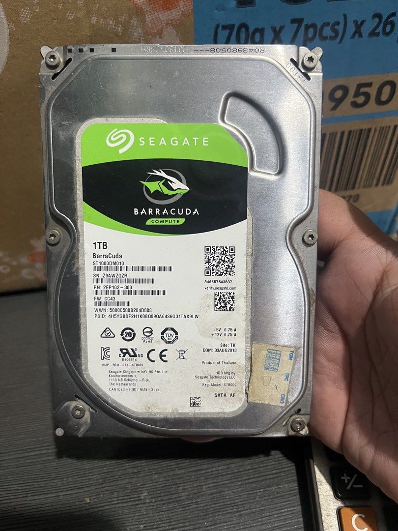 Seagate BarraCuda 1TB Internal Hard Drive (Category: Hard Disks & Thumbdrives) located in Quezon City. Submitted by banawepyesa (Listing ID 1467174736, Image 1). Description: - Brand/Model: Seagate BarraCuda (ST1000DM010) - Capacity: 1TB desktop internal hard drive - Form Factor: Standard 3.5-inch for PC builds or upgrades - Interface: SATA 6Gb/s - Origin: Manufactured August 2018 in Thailand - Condition: Pulled from a working system, tested, and