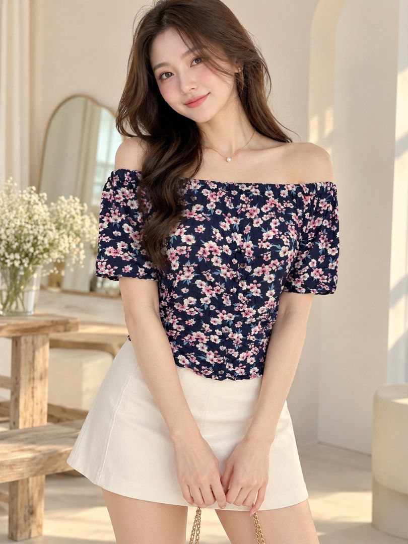Selects Floral Off-Shoulder Top UK 10 (Category: Blouses) located in General Trias. Submitted by crissy9053136 (Listing ID 1467302942, Image 3). Description: - Style: Floral off-shoulder top - Color: Dark blue with pink and white flowers - Size: UK 10 / Euro 38 - Details: Short sleeves, stretchy neckline, lightweight fabric - Versatility: Easy to pair with shorts or skirts.