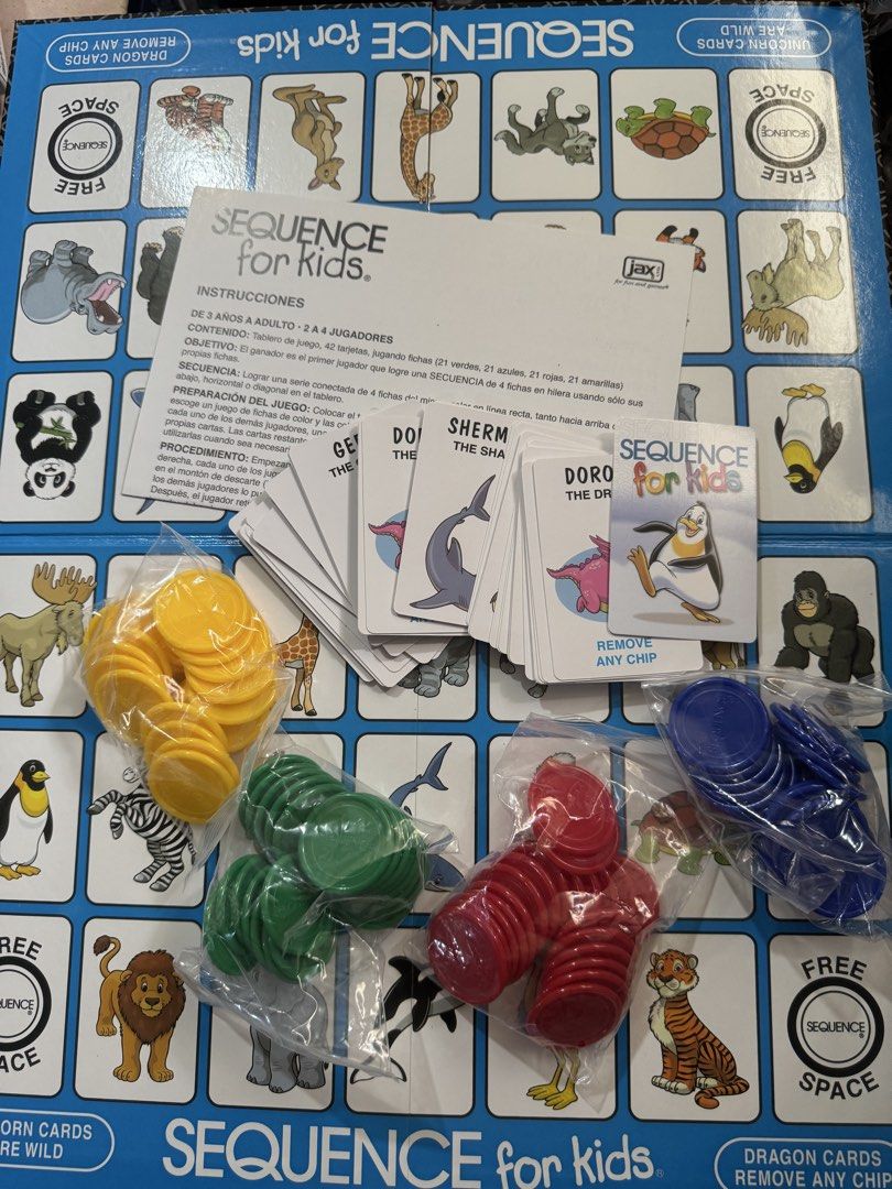 Sequence for Kids Board Game Jax 2-4 Players (Category: Board Games & Puzzles) located in San Pedro. Submitted by pageturner19 (Listing ID 1467210625, Image 3). Description: - Game: Sequence for Kids by Jax - Players: 2 to 4 players - Age: 3 years old and up - Inclusions: Game board, 42 playing cards, game instructions, and 84 playing chips (yellow, green, red, and blue) - Condition: Complete set, all pieces laid out and accounted for - Perfect f