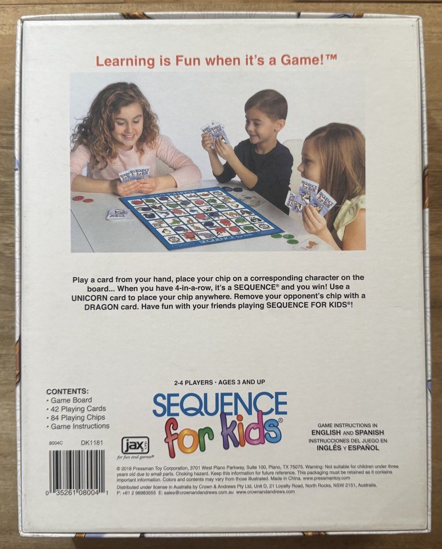 Sequence for Kids Board Game Jax 2-4 Players (Category: Board Games & Puzzles) located in San Pedro. Submitted by pageturner19 (Listing ID 1467210625, Image 2). Description: - Game: Sequence for Kids by Jax - Players: 2 to 4 players - Age: 3 years old and up - Inclusions: Game board, 42 playing cards, game instructions, and 84 playing chips (yellow, green, red, and blue) - Condition: Complete set, all pieces laid out and accounted for - Perfect f