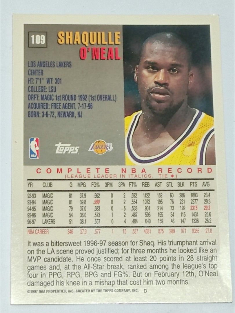 Shaquille O'Neal 1997 Topps (Category: Raw Singles) located in Lipa City. Submitted by mark_collections (Listing ID 1467209315, Image 2). Description: Shaquille O'Neal 1997 Topps Mode of Payment: Gcash.