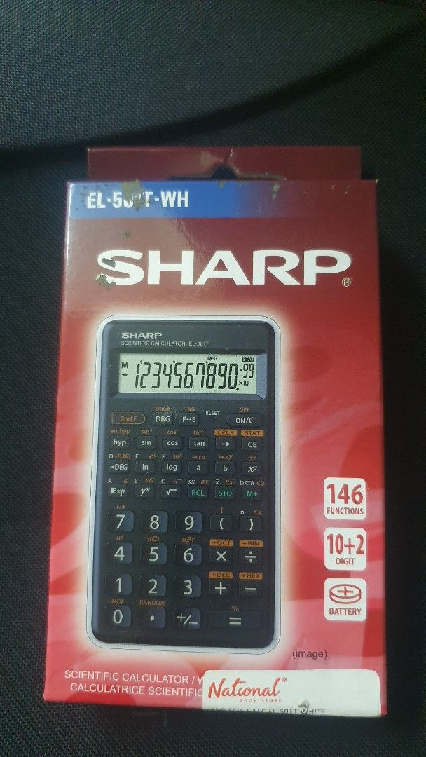 Sharp EL-501T-WH Scientific Calculator (Category: Office & Business Technology) located in Pasig City. Submitted by sellerrrr1 (Listing ID 1467328932, Image 1). Description: - Model: Sharp EL-501T-WH Scientific Calculator - Condition: Excellent, comes with original National Book Store box - Features: 146 built-in functions, 10+2 digit display.