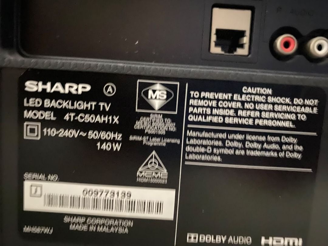 Sharp TV Damage (Category: TV) located in Kuala Lumpur. Submitted by nurallia (Listing ID 1467300390, Image 2). Description: Model Number - 4TC50AAH1X Can be use as spare part area kepong.