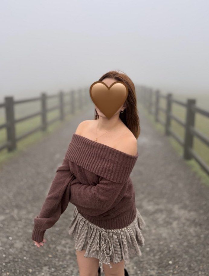 SHEIN Brown off-shoulder knit sweater (Category: Longsleeves) located in Marikina City. Submitted by prelovedbypau_ (Listing ID 1467320292, Image 1). Description: - used once - size xs but fits up to med.