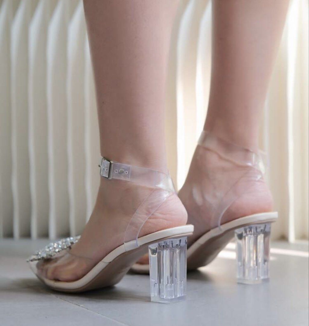 Shein glass heels sandals (Category: Heels) located in Cabuyao City. Submitted by girlontherockspreloved (Listing ID 1467258502, Image 2). Description: Size 7 fits 6-7 women. Like new condition used once only. No flaw. Super pretty in actual 🥰.