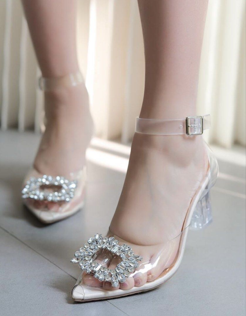 Shein glass heels sandals (Category: Heels) located in Cabuyao City. Submitted by girlontherockspreloved (Listing ID 1467258502, Image 1). Description: Size 7 fits 6-7 women. Like new condition used once only. No flaw. Super pretty in actual 🥰.
