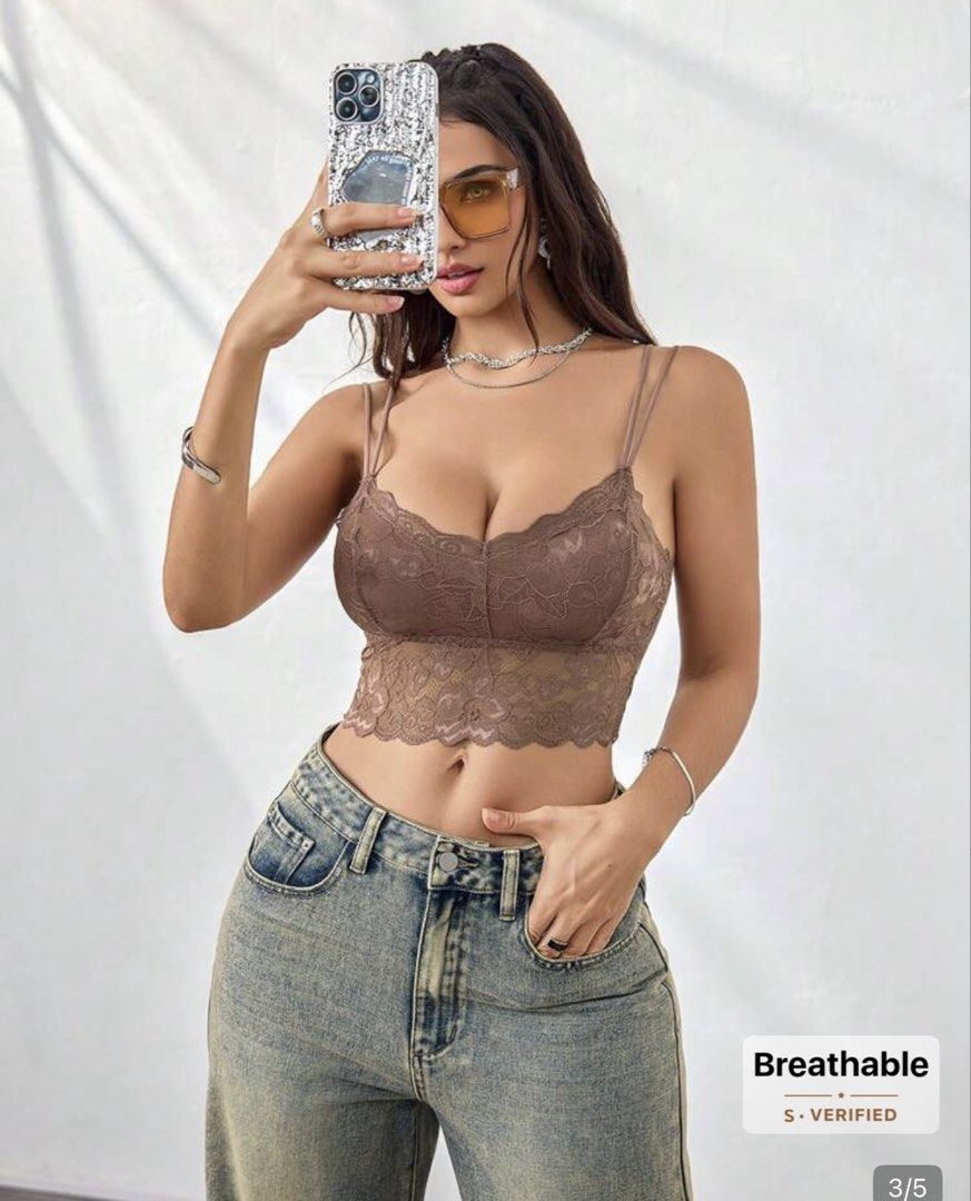 Shein lace padded crop top (Category: Sleeveless) located in Cabuyao City. Submitted by girlontherockspreloved (Listing ID 1467315122, Image 3). Description: Like new used once only. No flaw. Fits S-M. Super pretty in actual. Very flattering when worn 🥰.