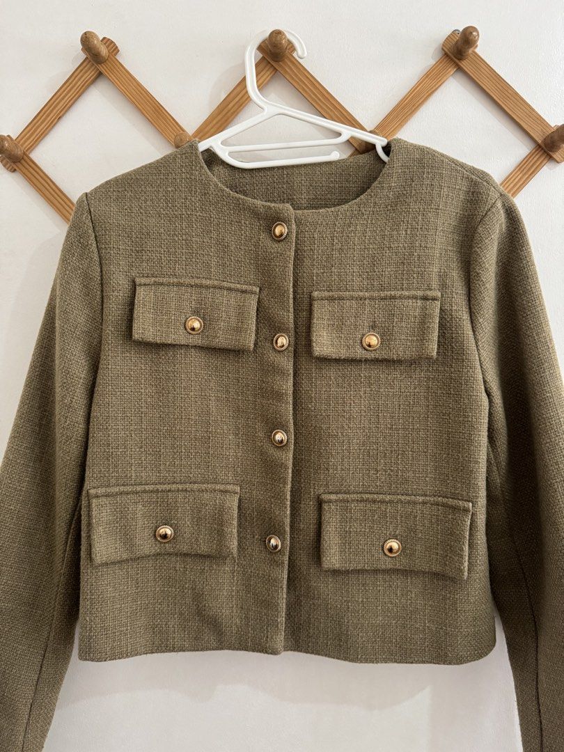 Shein Tweed Jacket (Category: Coats, Jackets and Outerwear) located in Makati City. Submitted by the.archives (Listing ID 1467205363, Image 2). Description: - Color: Khaki - Size: shoulder: 39cm, bust: 92cm, length: 50cm, sleeve length: 61cm 🗓️ Weekdays: can arrange pickup from SM Podium, Mandaluyong City 🗓️ Weekends: can arrange pickup from Cavite thru j&t.