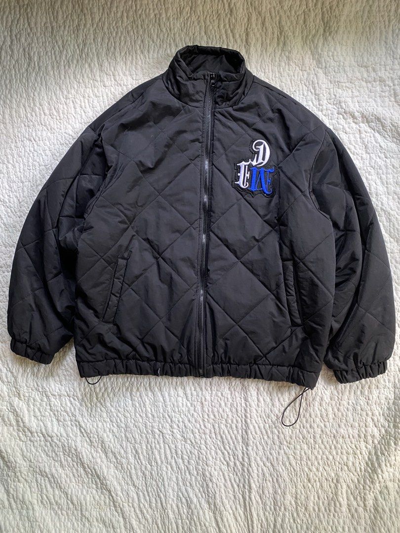 shootbrand black quilted zip up jacket (Category: Coats, Jackets and Outerwear) located in Iloilo. Submitted by chapxythriftshop (Listing ID 1467222279, Image 1). Description: - Brand/Model: Shootbrand quilted jacket - Color: Solid black - Size: Medium - Design: Diamond pattern stitching with embroidered chest patch (white and blue lettering) - Features: Mock neck, full zip front, soft fleece lining, elastic cuffs, and adjustable drawstring hem -