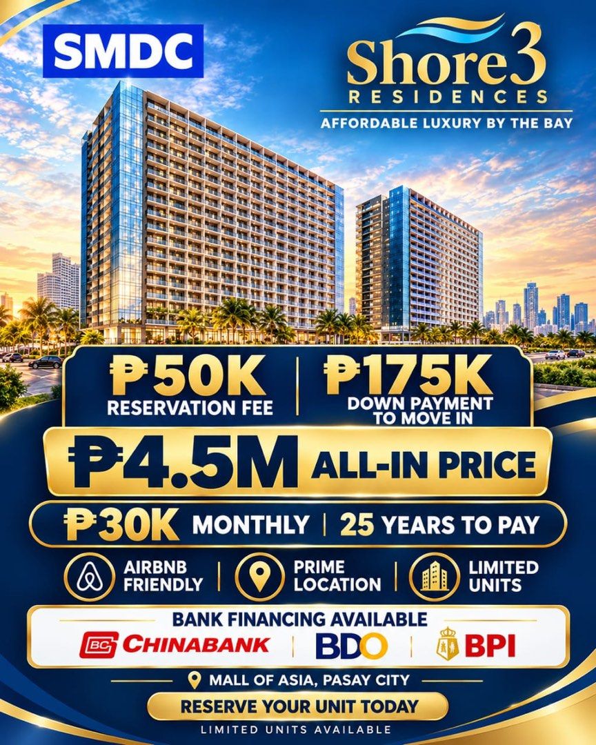 SHORE3 RESIDENCES (Category: Apartments & Condos) located in Manila. Submitted by reymondage42844 (Listing ID 1467289212, Image 1). Description: 🏙️ LIVE IN LUXURY AT SHORE 3 RESIDENCES! 🌊✨ Your dream condo and investment opportunity awaits at Shore 3 Residences by SMDC, located in the prime Mall of Asia Complex, Pasay City! 💙💛 Whether you’re looking for your future home, a retirement property, or a potential rental investment, this is a deal 