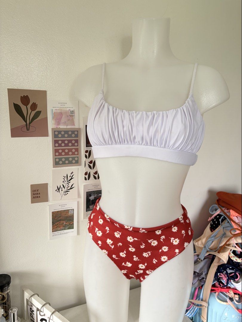 sm bikini (Category: Bikinis & Swimsuits) located in Manila. Submitted by lavieelle (Listing ID 1467301610, Image 1). Description: - two piece bikini set on sale - white spaghetti strap crop top and red floral print high waist bottom - best fit small to medium frames - rfs: decluttering .