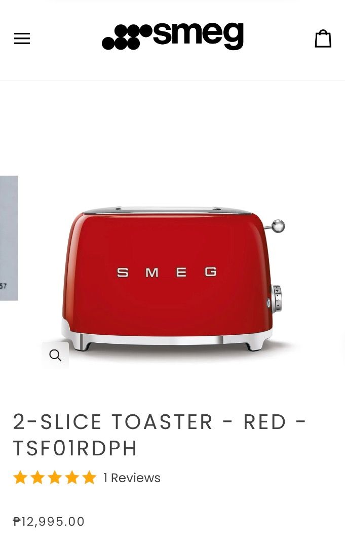 BRAND NEW SMEG 2 SLICE TOASTER -RED- (Category: Cookware & Accessories) located in Mandaluyong City. Submitted by aizhaaya15295 (Listing ID 1467284950, Image 3). Description: The Smeg Toaster blends ergonomics, functionality, and timeless 50's style, perfect for any meal—whether it's breakfast, lunch, brunch, or a quick snack. With 6 browning levels and 2 extra-wide 35mm bread slots, it offers versatility for all your toasting needs. The bagel fu