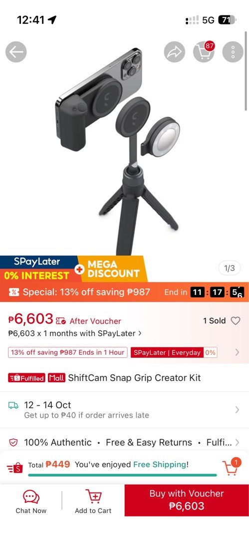 Snap Grip Creator Kit All-in-One Magnetic Gear (Category: Mounts & Holders) located in Paranaque City. Submitted by kiwaidae (Listing ID 1467206228, Image 2). Description: Selling ShiftCam SnapGrip Creator Kit for ₱3000 only. Brand new price is around ₱6,000+! Complete set includes: - SnapGrip (magnetic phone grip with wireless shutter and charging) - SnapPod (tripod/selfie stick) - SnapLight (LED light with adjustable brightness) - USB-C cable a