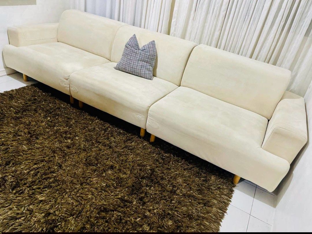 Sofa (Category: Sofas) located in Meycauayan. Submitted by marygracecasimiro (Listing ID 1467190310, Image 3). Description: From South Korea Mumofi Design Sofa - Ultra micro Fiber Suede Featuring Long sofa and can be separable Get this for only 35k Dimension L: 120 inches x W 36 x H 30 inches- SPH: 15 MS: L: 33 inches 💚💚.