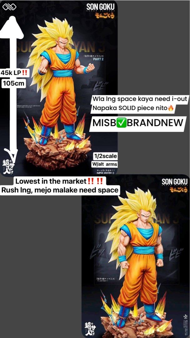 Son Goku Super Saiyan 3 1/2 Scale Statue (Category: Figurines & Statues) located in Manila. Submitted by abacic.toys (Listing ID 1467355402, Image 1). Description: - Rush‼️lowest in the market, below pre order price already, fix price‼️ - Item: Son Goku Super Saiyan 3 Collectible Statue - Licensed✅original limited/numbered✅ - Scale & Size: 1/2 scale, massive 105cm height - Condition: Brand new, never opened, still factory-sealed in original box -