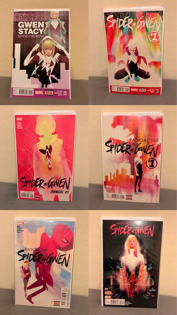 Spider-Gwen Comic Book Lotm (Category: Comics & Manga) located in Caloocan City. Submitted by faeiris (Listing ID 1467336563, Image 1). Description: - Complete Spider-Gwen comic book collection by Jason Latour, Robbi Rodriguez, and Rico Renzi - Includes key issues: Edge of Spider-Verse #2 (4th printing), Spider-Gwen #1, Annual #1, and #1-9 of the Radioactive run - Includes Spider-Women crossover tie-ins - All issues are meticulously bagged and bo