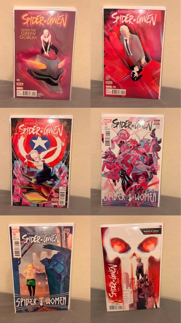 Spider-Gwen Comic Book Lotm (Category: Comics & Manga) located in Caloocan City. Submitted by faeiris (Listing ID 1467336563, Image 2). Description: - Complete Spider-Gwen comic book collection by Jason Latour, Robbi Rodriguez, and Rico Renzi - Includes key issues: Edge of Spider-Verse #2 (4th printing), Spider-Gwen #1, Annual #1, and #1-9 of the Radioactive run - Includes Spider-Women crossover tie-ins - All issues are meticulously bagged and bo