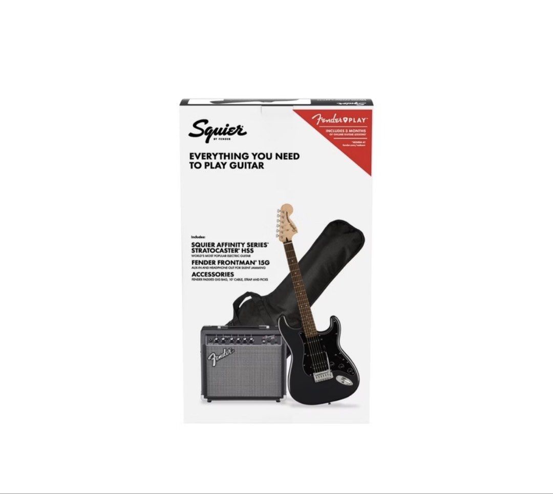 Squier by Fender Affinity Series Stratocaster Starter Pack Black (Category: Musical Instruments) located in Manila. Submitted by how2disappear (Listing ID 1467293394, Image 1). Description: - Squier by Fender - Affinity Series Stratocaster (Color: Black) - Guitar + Amp + Other accessories - Authentic! - Includes Fender Frontman 15G amplifier - Comes with gig bag, cable, guitar strap - Used only twice - RFS: I dont really play this guitar anymore 