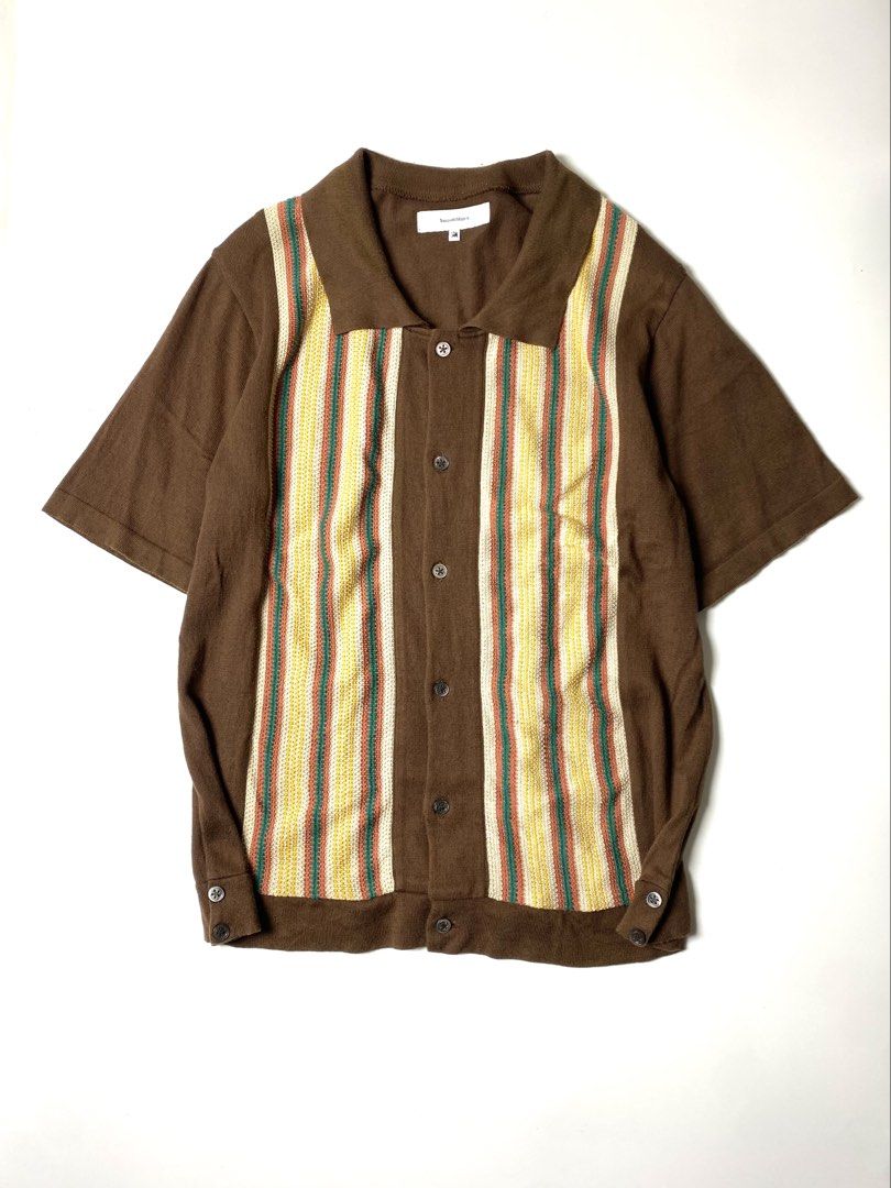 SS23 SASQUATCHFABRIX KNIT HALF SLEEVE SHIRT (Category: Tshirts & Polo Shirts ) located in Balanga. Submitted by faded_garmz (Listing ID 1467278249, Image 1). Description: SS23 SASQUATCHFABRIX KNIT HALF SLEEVE SHIRT Features a retro-inspired button-up construction with a flat polo collar and a short-sleeve silhouette. The design is defined by bold vertical paneling down the front, incorporating textured cream, yellow, and green knit stripes that f