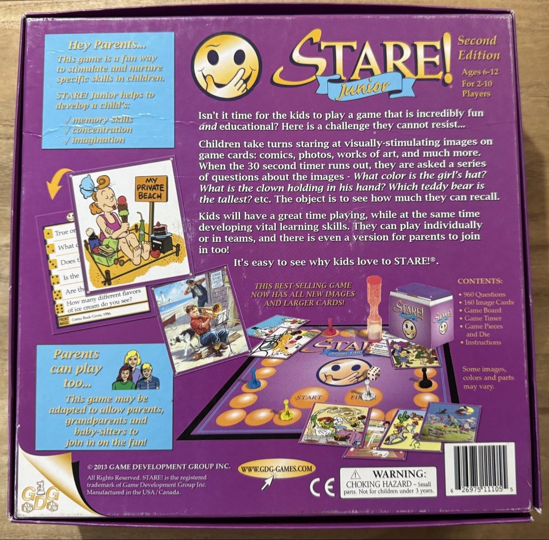 Stare Junior Second Edition Board Game (Category: Board Games & Puzzles) located in San Pedro. Submitted by pageturner19 (Listing ID 1467210724, Image 2). Description: - Game: Stare Junior Second Edition by Game Development Group - For ages: 6 to 12 years old - Players: 2 to 10 players - Includes: Game board, question-and-image cards, timer, dice, and playing pieces - Condition: Box shows normal shelf wear, but all components are clean and organi