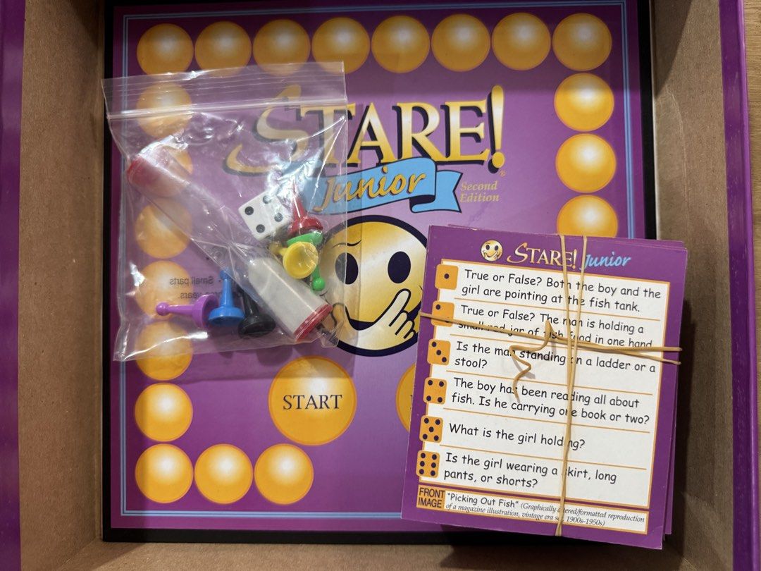 Stare Junior Second Edition Board Game (Category: Board Games & Puzzles) located in San Pedro. Submitted by pageturner19 (Listing ID 1467210724, Image 3). Description: - Game: Stare Junior Second Edition by Game Development Group - For ages: 6 to 12 years old - Players: 2 to 10 players - Includes: Game board, question-and-image cards, timer, dice, and playing pieces - Condition: Box shows normal shelf wear, but all components are clean and organi