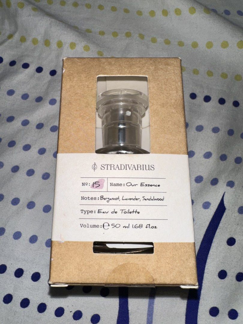 Stradivarius Our Essence Eau de Toilette 50ml (Category: Fragrance & Deodorants) located in Manila. Submitted by daimonamidesu (Listing ID 1467352972, Image 1). Description: - Brand: Stradivarius - Fragrance: Our Essence No. 15 - Type: Eau de Toilette (EDT) - Size: 50ml / 1.68 fl oz - Scent Notes: Bergamot, lavender, and sandalwood - Condition: Brand new with original cardboard box packaging - 100% authentic and well-stored RFS: Got as gift; don’